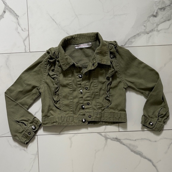 Olive Green Girl’s Crop Jacket with Ruffle Details - Picture 1 of 4